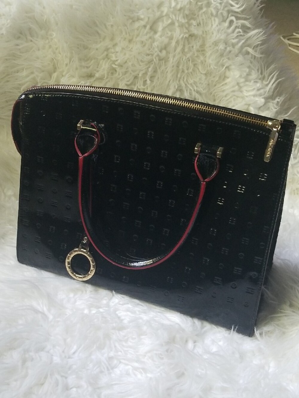 Arcadia Black Leather Patent Satchel with Red-Trim Handles and Gold Charm Italy